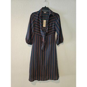 Gilli Tie Front Midi Dress Women Small Blue Orange New Striped Collared